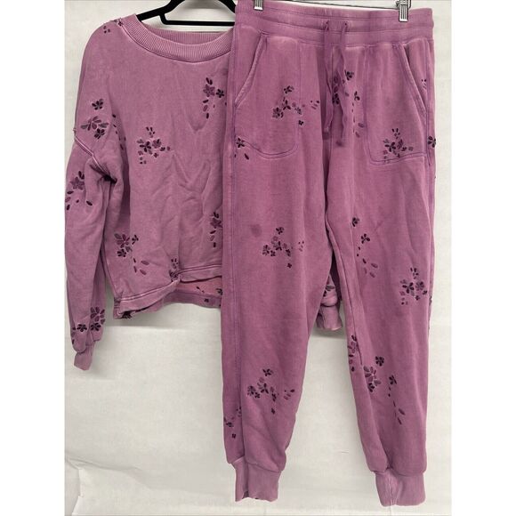 2PC SET SPLENDID PURPLE FLOWER FLORAL EMBROIDERY SWEATSHIRT SZ MEDIUM - Picture 1 of 10